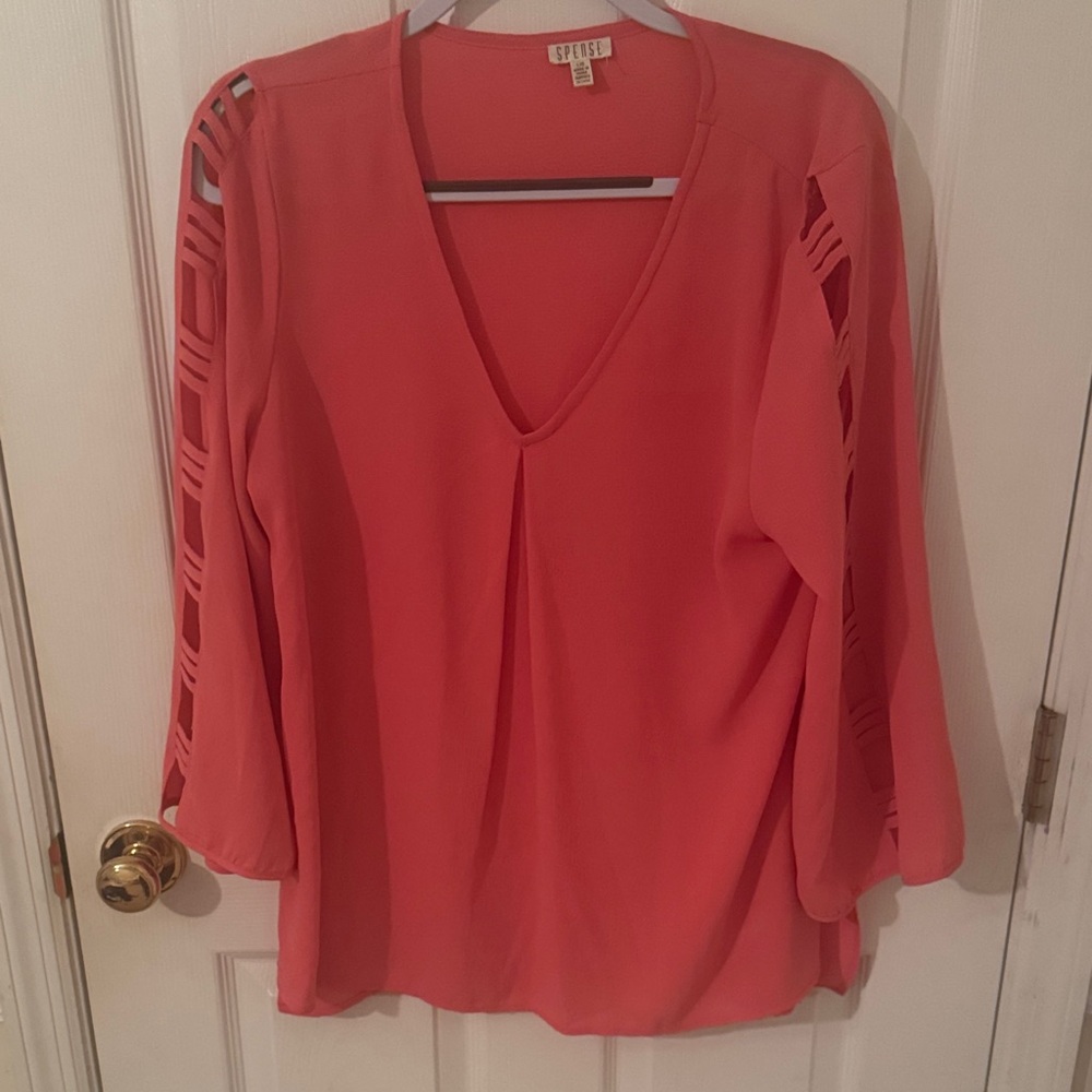 Spense Coral V-Neck Blouse with Cutout Sleeves